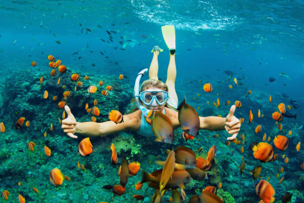 Young woman snorkeling with coral reef fishes