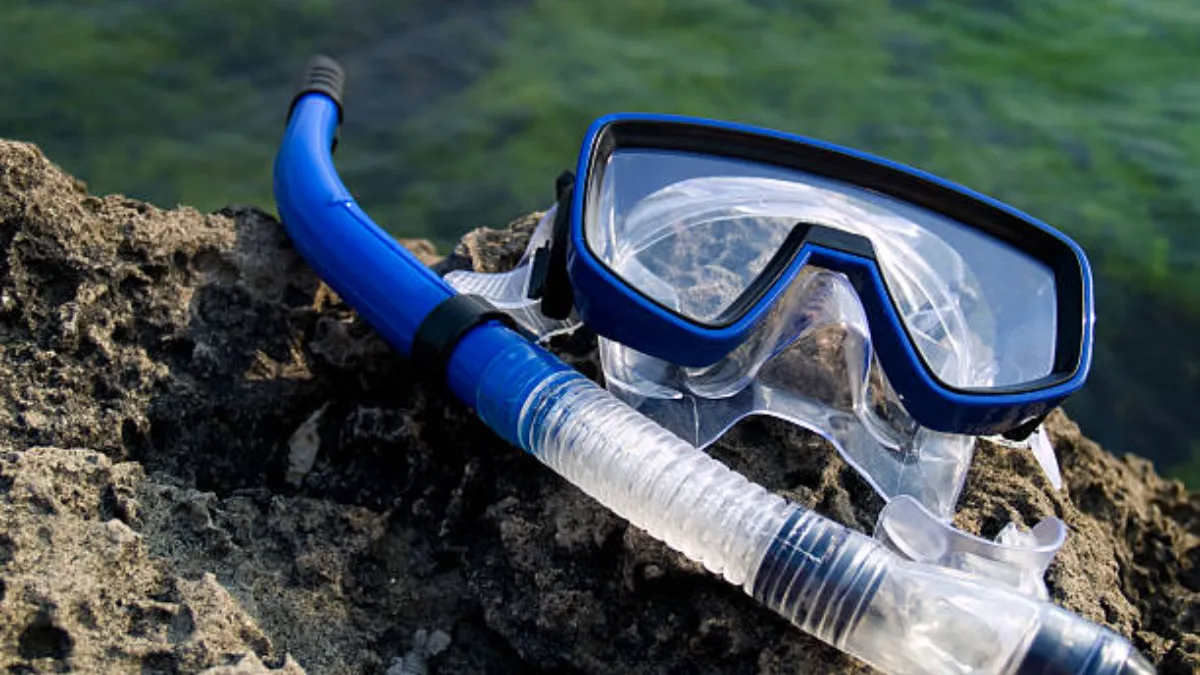 a blue free diving mask with a snorkel