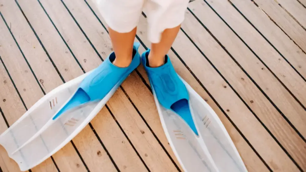 a person standing on a wooden deck wearing blue and white fins
